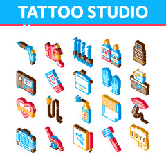 Canvas Print - Tattoo Studio Tool Icons Set Vector. Isometric Tattoo Studio Machine And Razor Equipment, Chair And Case, Cream And Ink Bottles Illustrations