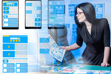 Wall Mural - application development. woman working on app interface design.