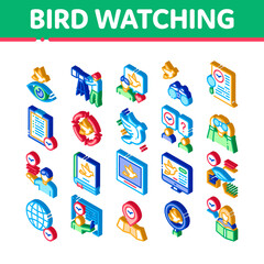 Poster - Bird Watching Tourism Icons Set Vector. Isometric Bird Watching Photo Camera And Binocular Equipment, Traveler Tourist, Map And Book Illustrations