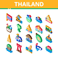 Poster - Thailand National Icons Set Vector. Isometric Thailand On Geography Map And Flag, Bungalow And Building, Elephant And Tuktuk Illustrations