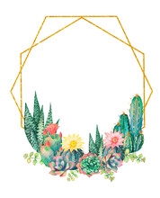 Watercolor Golden Geometric Frame With Blooming Cacti.