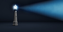 Light Beam Of A Lighthouse Isolated On A Blue Background With Copy Space, Safety And Guidance Concept, 3d Illustration