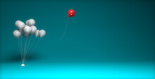 One Red Balloon Flying Away From A A Bunch Of White Balloons On Light Blue Background, 3d Illustration