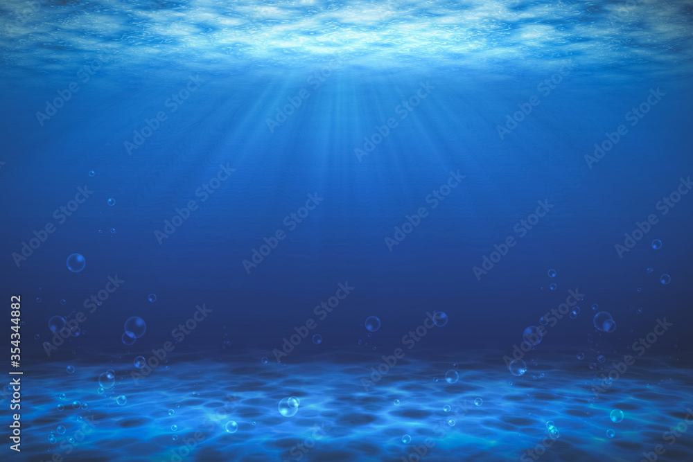 Sunbeam blue with bubbles deep sea or ocean underwater background. - obrazy, fototapety, plakaty 