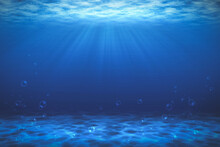 Sunbeam Blue With Bubbles Deep Sea Or Ocean Underwater Background.