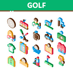 Wall Mural - Golf Game Equipment Icons Set Vector. Isometric Golf Club Building And Putter With Ball, Caddy Car And Field, Player And Champion Cup Illustrations