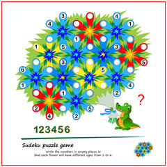 Logic Sudoku puzzle game for children. Write the numbers in empty places so that each flower will have different signs from 1 to 6. Printable page for kids brain teaser book. Play online.