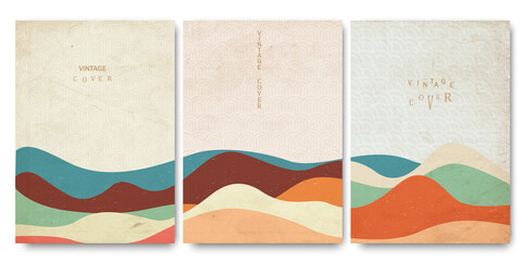 Wall Mural - old papers, covers templates set with japanese waves patterns and geometric curve hand drawn shapes 
