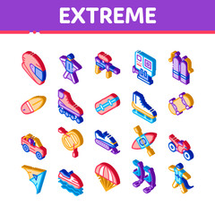 Sticker - Extreme Sport Activity Icons Set Vector. Isometric Bike And Crash Helmet, Parachute And Hang-glider Equipment For Extreme Active Illustrations