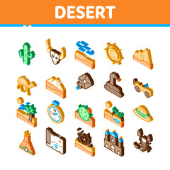 Sticker - Desert Sandy Landscape Icons Set Vector. Isometric Desert Sand Dune, Snake And Camel, Car And Scorpion, Compass And Ox Skull Illustrations