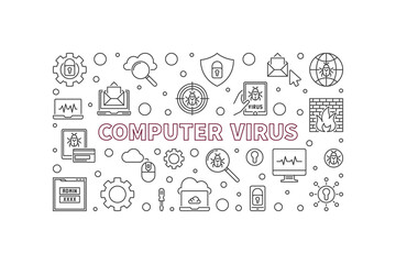Vector Computer Virus concept horizontal banner or illustration in outline style