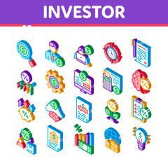 Sticker - Investor Financial Icons Set Vector. Isometric Investor With Money Dollar And Lightbulb, Brain With Percentage Mark And Document Illustrations