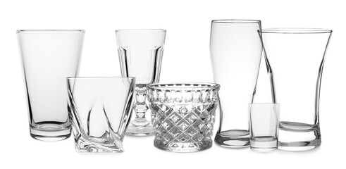 Wall Mural - Set of empty glasses on white background. Banner design