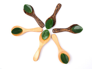 Wall Mural - Top view of wooden spoon and green leaves isolated on white background.