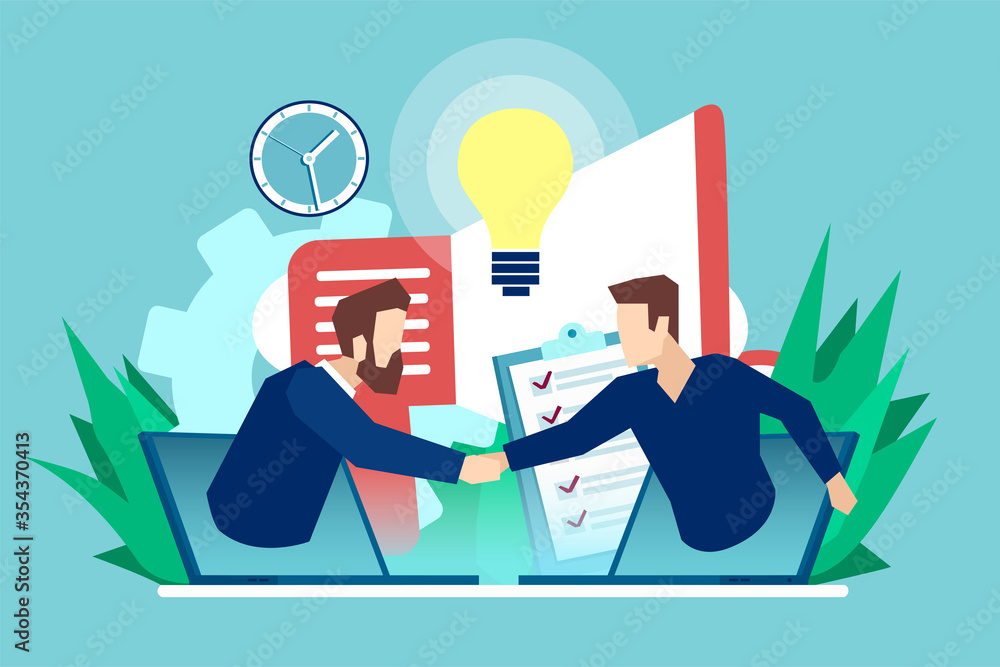 Vector of a two business men communicating online having agreement and shaking hands. - obrazy, fototapety, plakaty 