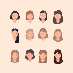 Set of Hairstyle young woman, Hair style set for barber and hair cut logo and woman portrait modern fashion long hair, short hair, curly hair salon hairstyles, vector hairstyle silhouette, vector