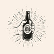 Hand with beer bottle. Pub, brewery vintage vector illustration