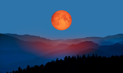 Bloody moon of Total Lunar Eclipse with blue mountains 