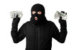 © Prostock-studio - Arrested masked thief with raised arms isolated on white wall