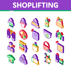 Canvas Print - Shoplifting Elements Icons Set Vector Video Camera And Guard Security From Shoplifting, Human Shoplifter Silhouette Illustrations