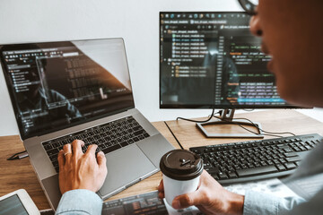 Developing programmer Development Website design and coding technologies working in software company office