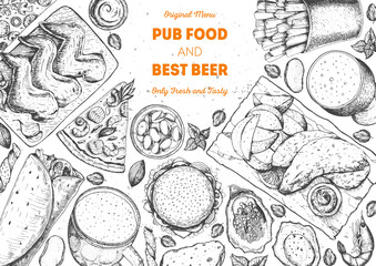 Pub food frame vector illustration. Beer, meat, french fries, fast food and snacks hand drawn. Food set for pub design top view. Vintage engraved illustration for beer restaurant.