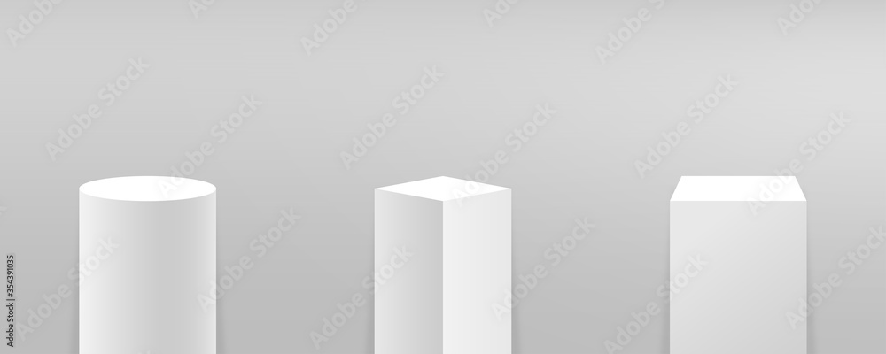 Podium or pedestal set in different forms. Platform for product presentation, branding design, museum stage. Mockup of 3d podium, rounded and cubic stands. Place for exhibition and advertising. Vector - obrazy, fototapety, plakaty 