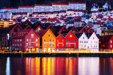Wall Mural - View of harbour old town Bryggen in Bergen, Norway during the night