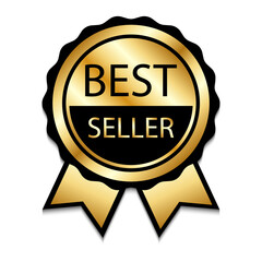 Ribbon award best seller. Gold ribbon award icon. Transparent background. Bestseller golden tag sale label, badge, medal