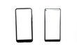 © Arthur Shevtsov - Two smartphones of black color with a white screen lie on a white background nearby, deviated from each other, top view and bottom from an angle in macro