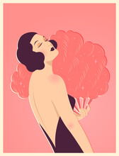 Beautiful Girl Of The 20s In An Evening Dress With A Vintage Fan In Art Deco Style. Flat Vector Illustration.
