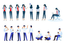 Flat Design Style Illustrations Of Woman And Man In Different Poses, Use Electronic Devices. Vector Concepts For Website Banner, Marketing Material, Business Presentation, Online Advertising.