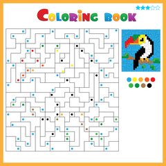 Toucan. Coloring book for kids. Colorful Puzzle Game for Children with answer.