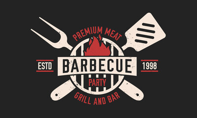 Canvas Print - Barbecue vintage logo. BBQ party template logo with spatula and grill fork. Modern design poster. Label, badge, poster for steak house, barbecue party, restaurant. Vector illustration