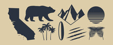 Set Of 8 Symbols Of California. California Map, Palm Trees, Mountains. Bear And Scratch Claws. California Retro Sun. Vintage Elements For Design Logo, Poster, Print For T-shirt. Vector Illustration