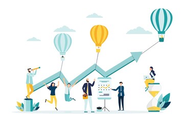 vector illustration a group of people characters are thinking over an idea. prepare a business project start up. rise of the career to success, flat color icons, business analysis