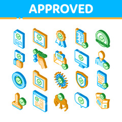 Wall Mural - approved elements vector icons set. isometric approved sings on document file and hands, computer mo