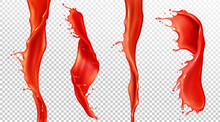 Red Tomato Juice Splash And Stream. Vector Realistic Mockup Of Spiral Waves Of Liquid Ketchup, Sauce, Strawberry Juice. Twisted Flow Of Blood With Splash And Drops Isolated On Transparent Background