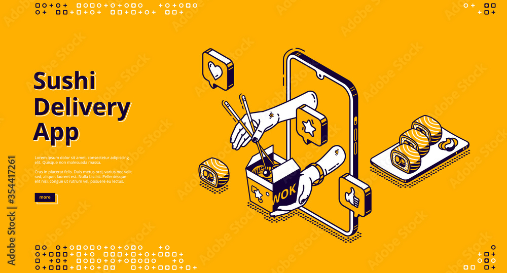Sushi delivery isometric landing page. Mobile app, online service for order Japanese food and asian meals. Human hands giving wok box with noodles from smartphone screen 3d vector line art, web banner - obrazy, fototapety, plakaty 