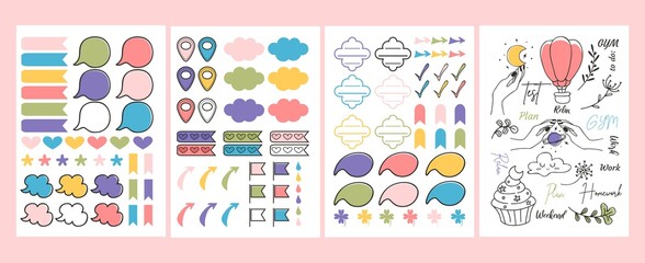 Colourful bright stickers and planner signs vector illustration. Blanks for kindergarten or personal use flat style. Template concept. Isolated on pink background