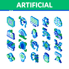 Wall Mural - Artificial Intelligence Vector Icons Set. Isometric Artificial Intelligence Details Binary Code, Robot, Light Bulb Pictograms. Fingerprint, Microchip, Assembly Illustrations
