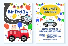 Kids Party Invitation With Police And Fire Truck Design Vector Illustration. Bright Card Decoration For Celebration Flat Style. Fun Party Concept. Isolated On White Background