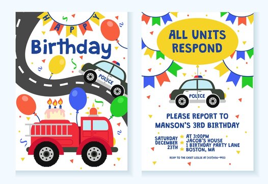 Wall Mural - Kids party invitation with police and fire truck design vector illustration. Bright card decoration for celebration flat style. Fun party concept. Isolated on white background