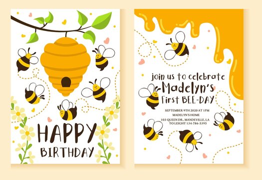 Wall Mural - Kids party invitation with bees design template vector illustration. Bright bees and beehive flat style. Happy birthday fun celebration concept. Isolated on peach background