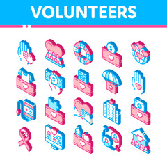 Poster - Volunteers Support Vector Icons Set. Isometric Volunteers Support, Charitable Organizations Pictograms. Blood Donor, Food Donations, Financial Help, Humanitarian Aid Illustrations