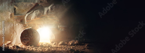 Christian Easter concept. Jesus Christ resurrection. Empty tomb of Jesus with light. Born to Die, Born to Rise. \