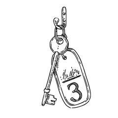 Hotel key with tag number three. Sketch. Engraving style. Vector illustration.