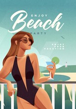 Girl Relaxing On The Beach. Summer Vacation Poster Or Flyer Design Template With Sexy Female On The Beach. Party Invitation. Modern Style. Vector Illustration