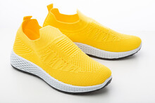 Casual Shoes, Summer Yellow Sneakers Made Of Fabric Isolated On A White Background