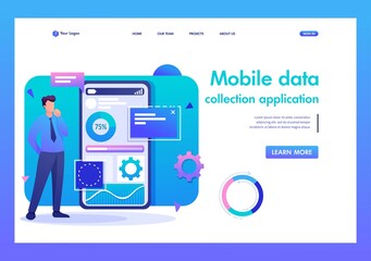 Wall Mural - man works on a mobile application for data collection. flat 2d character. landing page concepts and 